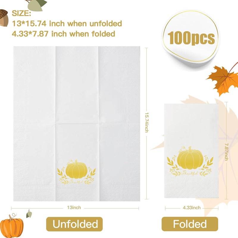 Tamone 100-Piece Thanksgiving Napkins - Gold & White with Pumpkin Design - 3-Ply Disposable Premium Quality Dinner Napkins for Wedding & Party - Image 2